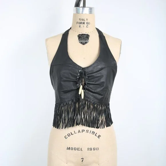 Vintage Black Leather Halter Top with Fringe & Beads Boho Hippie Biker Rock - Picture 1 of 4